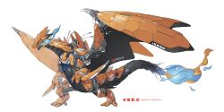 Rule 34 | artist name, breath weapon, breathing fire, charizard, claws, creatures (company), facebook logo, fire, flame-tipped tail, fusion, game freak, gen 1 pokemon, highres, instagram logo, joints, mecha, mechanical tail, mechanical wings, mechanization, mega charizard x, mega charizard y, mega pokemon, nintendo, no humans, non-humanoid robot, open mouth, pixiv logo, pokemon, pokemon (creature), robot, robot joints, science fiction, solo, standing, tail, thrusters, twitter logo, white background, wings, xezeno