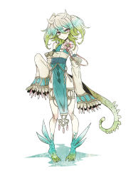 Rule 34 | 1girl, blonde hair, claws, detached sleeves, expressionless, flat chest, flower, full body, green hair, highres, loincloth, monster girl, multicolored hair, original, pink eyes, scales, short twintails, sleeves past wrists, solo, tail, towa-darkmistic, twintails, white background