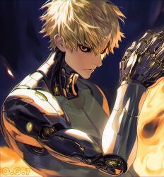 Rule 34 | 1boy, ai-assisted, artist name, black sclera, blonde hair, charliecat700, closed mouth, colored sclera, commentary, cyborg, fire, genos, highres, male focus, one-punch man, orange eyes, short hair, solo
