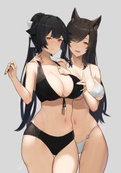 Rule 34 | 2girls, ;d, animal ears, atago (azur lane), azur lane, bikini, black bikini, black hair, black nails, blush, bow, breasts, brown eyes, cleavage, cowboy shot, front-tie bikini top, front-tie top, gluteal fold, grey background, groin, hair bow, hair flaps, half-closed eye, hand on another&#039;s neck, hand on breast, hayabusa (vert 320), highleg, highleg bikini, highres, large breasts, long hair, looking at viewer, mole, mole under eye, multiple girls, nail polish, navel, one eye closed, open mouth, ponytail, ribbon, signature, simple background, skindentation, smile, standing, swept bangs, swimsuit, takao (azur lane), thigh gap, thighs, white bikini, white bow, white nails, white ribbon, wide hips, wolf ears