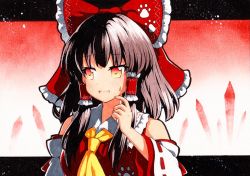 Rule 34 | 1girl, ascot, bad id, bad twitter id, bow, brown hair, detached sleeves, frilled bow, frills, gradient background, hair bow, hair tubes, hakurei reimu, medium hair, qqqrinkappp, red background, red bow, ribbon-trimmed sleeves, ribbon trim, solo, touhou, traditional media, yellow ascot
