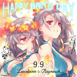 Rule 34 | 2girls, ahoge, bird, blue dress, blush, braid, braided ponytail, breasts, chicken, cleavage, cleavage cutout, clothing cutout, dress, earrings, english text, flag, floral background, happy birthday, head wreath, highres, innertube, jewelry, laevateinn (phantom of the kill), large breasts, looking at viewer, messy hair, multiple girls, necklace, official art, phantom of the kill, ragnarok (phantom of the kill), red eyes, rooster, shawl, silver hair, single braid, smile, sparkle, swim ring