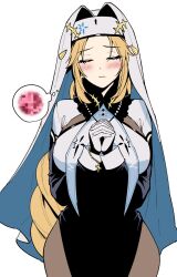 Rule 34 | 1girl, ame arare, black bodysuit, black gloves, blonde hair, blush, bodysuit, breasts, censored, closed eyes, commentary request, cross, cross facial mark, dress, facial mark, forehead mark, gloves, goddess of victory: nikke, habit, highres, large breasts, long hair, mosaic censoring, nun, rapunzel (nikke), sidelocks, simple background, solo, standing, thought bubble, very long hair, white background, white bodysuit, white gloves