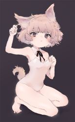 Rule 34 | 1girl, animal ear fluff, animal ears, arm up, bare arms, bare legs, bare shoulders, barefoot, black ribbon, blush, brown eyes, brown hair, collar, commentary request, detached collar, dog ears, dog girl, dog tail, full body, grey background, hatoba tsugu, hatoba tsugu, highres, legs, leotard, looking at viewer, neck ribbon, parted lips, ribbon, sha2mo, solo, squatting, strapless, strapless leotard, sweat, tail, virtual youtuber, white collar, white leotard
