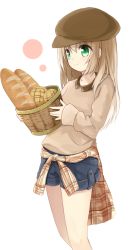 Rule 34 | 1girl, baguette, basket, beret, blue shorts, bread, brown hat, brown shirt, closed mouth, clothes around waist, collared shirt, food, green eyes, hair between eyes, hat, holding, holding basket, light brown hair, long hair, long sleeves, looking away, original, plaid, plaid shirt, shirt, shirt around waist, shorts, simple background, smile, solo, standing, tied shirt, white background, yuuhagi (amaretto-no-natsu)