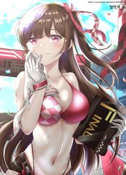 Rule 34 | 1girl, bikini, bikini under clothes, blush, breasts, brown hair, byeoljagga, checkered clothes, cleavage, confetti, counter:side, gloves, highleg, highres, large breasts, long hair, looking at viewer, lumi (counter:side), navel, outdoors, pink bikini, race queen, red eyes, sky, smile, solo, sweat, swimsuit, watermark, web address, white gloves