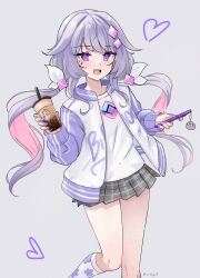 Rule 34 | 1girl, alternate costume, bubble tea, cellphone, colored inner hair, cup, disposable cup, drinking straw, face jewel, feet out of frame, gem, gem hair ornament, gradient hair, grey background, grey hair, grey skirt, heart, highres, holding, holding cup, holding phone, hololive, hololive english, jacket, jewel under eye, koseki bijou, long hair, long sleeves, looking at viewer, low twintails, magui3, multicolored clothes, multicolored hair, multicolored jacket, open clothes, open jacket, open mouth, phone, pink hair, plaid, plaid skirt, purple eyes, purple gemstone, purple hair, purple jacket, purple nails, shirt, simple background, skirt, smartphone, smile, socks, solo, teeth, twintails, twitter username, two-tone jacket, upper teeth only, virtual youtuber, white jacket, white shirt, white socks