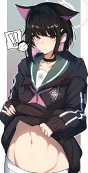 Rule 34 | !, !!, 1girl, animal ears, black choker, black hair, black jacket, blue archive, cat ears, choker, closed mouth, clothes lift, colored inner hair, doodle sensei (blue archive), gin moku, hair ornament, hairclip, halo, highres, jacket, jacket lift, kazusa (blue archive), lifting own clothes, looking at viewer, multicolored hair, navel, outside border, pink hair, red eyes, sensei (blue archive), short hair, sleeves past wrists, solo, spoken exclamation mark, stomach, upper body