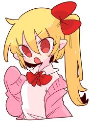 Rule 34 | 1girl, adapted costume, blonde hair, bow, bowtie, fang, flandre scarlet, highres, jacket, medium hair, no headwear, no headwear, no wings, one side up, op na yarou, pink jacket, red bow, red bowtie, red eyes, shirt, simple background, solo, touhou, white background, white shirt