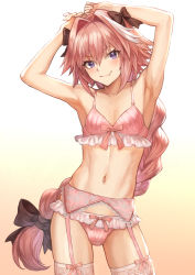 Rule 34 | 1boy, abs, armpits, arms behind head, arms up, astolfo (fate), black bow, blush, bow, bow panties, bra, braid, bulge, closed mouth, collarbone, commentary request, crossdressing, fang, fang out, fate/apocrypha, fate (series), frills, garter belt, garter straps, gradient background, hair between eyes, hair bow, hair intakes, highres, hip focus, lace, long braid, long hair, looking at viewer, low-tied long hair, male focus, mashuu (neko no oyashiro), multicolored hair, navel, panties, pink bra, pink hair, pink panties, pink thighhighs, purple eyes, signature, single braid, skin fang, smile, solo, streaked hair, thighhighs, thighs, trap, twitter username, underwear, underwear only, very long hair