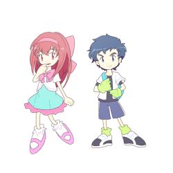 Rule 34 | 1boy, 1girl, blue eyes, blue hair, digimon, digimon story: lost evolution, gloves, red eyes, red hair, ribbon, simple background, takuto (digimon story: lost evolution), white background, yui (digimon)