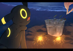 Rule 34 | absurdres, animal ears, animal hands, beach, creatures (company), disembodied hand, fireworks, game freak, gen 2 pokemon, ha01ru28, highres, holding, holding fireworks, nintendo, ocean, one eye closed, pokemon, pokemon (creature), red eyes, sparkler, umbreon