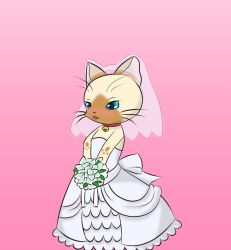 Rule 34 | 1girl, animal collar, animal ears, bell, blue eyes, blush, bouquet, cat ears, collar, dress, felyne, flower, furry, monster hunter (series), multicolored fur, pink background, plant, red collar, simple background, solo, tongue, tongue out, veil, wedding, wedding dress, whiskers, white dress