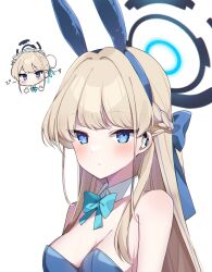 Rule 34 | 1girl, animal ears, aqua bow, aqua bowtie, bare shoulders, blonde hair, blue archive, blue eyes, blue halo, blue leotard, blue ribbon, blush, bow, bowtie, breasts, cleavage, closed mouth, fake animal ears, hair ribbon, halo, highres, leotard, looking at viewer, medium breasts, murase48, official alternate costume, rabbit ears, ribbon, solo, toki (blue archive), toki (bunny) (blue archive), upper body