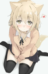 Rule 34 | 1girl, alternate costume, animal ears, arknights, blush, bolo tie, cardigan vest, closed mouth, dog ears, green eyes, hair between eyes, heart, highres, kusunoki (gwzx5574), platinum blonde hair, podenco (arknights), school uniform, simple background, solo, spoken heart, sweat, thighhighs, white background
