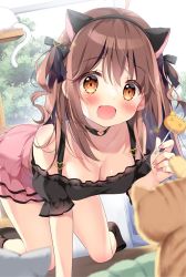 Rule 34 | 1girl, ahoge, all fours, animal, animal ears, bare shoulders, black choker, black hairband, black shirt, black socks, blurry, blurry foreground, breasts, brown eyes, brown hair, cat, cat ears, choker, cleavage, collarbone, commentary request, depth of field, fake animal ears, food, hairband, hand up, heart o-ring, holding, holding food, indoors, long hair, medium breasts, nail polish, no shoes, off-shoulder shirt, off shoulder, original, pan (mimi), pink nails, pink skirt, puffy short sleeves, puffy sleeves, shirt, short sleeves, skirt, socks, solo, two side up, very long hair, white cat, window