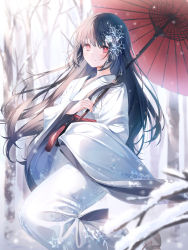 Rule 34 | 1girl, a20 (atsumaru), bare tree, black hair, closed mouth, commentary, day, english commentary, floral print, flower, hair flower, hair ornament, highres, holding, holding umbrella, japanese clothes, kimono, long hair, long sleeves, looking at viewer, obi, oil-paper umbrella, original, outdoors, print kimono, red eyes, sash, smile, snow, snowing, solo, sunlight, tassel, tree, umbrella, very long hair, water, white kimono, wide sleeves