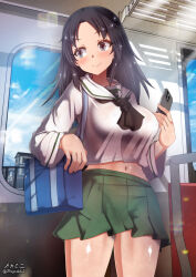Rule 34 | 1girl, black hair, blue eyes, blush, breasts, cellphone, closed mouth, covered erect nipples, freckles, girls und panzer, highres, iphone, large breasts, long hair, megadeko, navel, ooarai school uniform, phone, school uniform, smartphone, smile, solo, train interior, yamagou ayumi