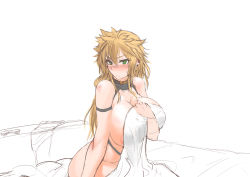 Rule 34 | 1girl, areola slip, bare shoulders, bed, blonde hair, blush, breasts, covering privates, covering breasts, female focus, green eyes, highres, huge breasts, long hair, no panties, nossari, partially colored, simple background, sketch, solo, white background