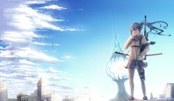 Rule 34 | 1girl, blue eyes, blue hair, blush, brown scarf, closed mouth, cloud, day, fantasy, grey skirt, hand in pocket, long hair, looking away, original, outdoors, ponytail, scarf, seed, skirt, sky, tree, yioshu