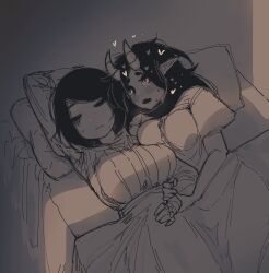 Rule 34 | 2girls, absurdres, arm above head, arm grab, bed, blanket, breast press, breasts, closed eyes, commentary, demon girl, demon horns, fangs, grabbing another&#039;s arm, highres, horns, korean commentary, large breasts, lying, medium hair, monochrome, multiple girls, on back, on side, open mouth, original, pillow, pointy ears, saku ram, sleeping, sweatdrop, yuri