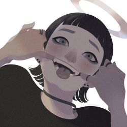 Rule 34 | 1girl, black hair, black shirt, blunt bangs, choomoranma, earrings, grey eyes, halo, highres, jewelry, looking at viewer, open mouth, original, portrait, ring, shirt, short hair, signature, simple background, smile, solo, tongue, tongue out, white background