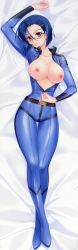 Rule 34 | 10s, 1girl, absurdres, arm up, bad id, bad yandere id, belt, blue hair, bodysuit, breasts, breasts out, brown eyes, carnelian, dakimakura (medium), full body, glasses, hair ornament, hairclip, highres, large breasts, long image, lying, niimi kaoru, nipples, no bra, on back, open bodysuit, open clothes, open suit, short hair, smile, solo, tall image, thigh gap, uchuu senkan yamato, uchuu senkan yamato 2199, uniform, unzipped, unzipping