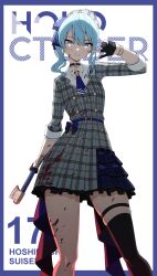Rule 34 | 1girl, absurdres, ascot, blood, blood on clothes, blood on face, blue ascot, blue choker, blue hair, choker, daydarion, dress, gloves, highres, hololive, hoshimachi suisei, hoshimachi suisei (1st costume), idol, partially fingerless gloves, plaid, plaid dress, single thighhigh, star (symbol), star in eye, symbol in eye, thighhighs, thighs, virtual youtuber