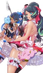 Rule 34 | 2girls, absurdres, bare shoulders, black hair, blue bow, blue hair, blue skirt, bow, breasts, bridal garter, chinon d&#039;arc, cleavage, dark-skinned female, dark skin, elephant, fate/grand order, fate (series), green eyes, green hair, hair between eyes, hair bow, halter shirt, halterneck, highres, long hair, looking at viewer, medium breasts, miniskirt, multicolored hair, multiple girls, navel, open mouth, pink bow, pink skirt, side ponytail, sidelocks, skirt, smile, streaked hair, swept bangs, thighs, trung nhi (fate), trung trac (fate), wavy hair, yellow eyes