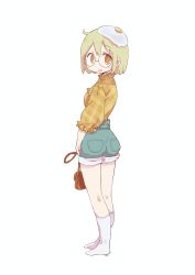 Rule 34 | 1girl, :d, absurdres, ahoge, ass, bag, blonde hair, blue shorts, blush, brown bag, commentary, food, food on head, fried egg, full body, glasses, highres, holding, holding bag, long sleeves, object on head, open mouth, shimeji simulation, shirt, short hair, shorts, shorts rolled up, simple background, smile, socks, solo, standing, sun visor (mata69), symbol-only commentary, white background, white socks, yamashita majime, yellow eyes, yellow shirt
