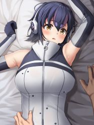 Rule 34 | 1girl, arm up, armpits, bare shoulders, bed sheet, blush, breasts, deku suke, elbow gloves, gloves, hair between eyes, hand on another&#039;s waist, headset, highres, humboldt penguin (kemono friends), kemono friends, kemono friends v project, large breasts, looking at viewer, lying, on back, open mouth, pillow, pov, pov hands, sleeveless, solo focus, sweat, upper body, virtual youtuber, yellow eyes, zipper