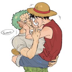 Rule 34 | 2boys, anger vein, black eyes, black hair, carrying, carrying person, cheek press, clinging, eye contact, face-to-face, facial scar, full body, green hair, hand on another&#039;s back, hands on another&#039;s face, haramaki, hat, highres, leg lock, looking at another, male focus, monkey d. luffy, multiple boys, nsozp, one armed carry, one piece, romaji text, roronoa zoro, scar, scar on cheek, scar on face, short hair, sideburns, simple background, smile, speech bubble, straw hat, sweatdrop, upper body, white background