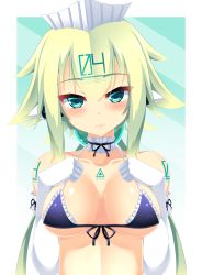 Rule 34 | 1girl, absurdres, bare shoulders, bikini, blush, bombergirl, breasts, closed mouth, collarbone, elbow gloves, emera (bombergirl), expressionless, gloves, green eyes, green hair, highres, houkiboshi, large breasts, long hair, looking at viewer, maid, maid bikini, solo, swimsuit, unconventional maid, upper body, white gloves
