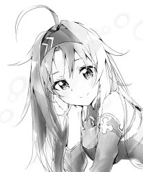 Rule 34 | 1girl, absurdres, ahoge, armor, bare shoulders, breastplate, closed mouth, detached sleeves, greyscale, hair between eyes, hand on own face, headband, highres, long hair, looking at viewer, monochrome, parted bangs, shoulder, simple background, smile, solo, sword art online, user uhkx3835, white background, yuuki (sao)
