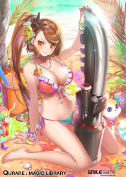 Rule 34 | 1girl, animal, arm support, bare legs, barefoot, beach, bikini, bracelet, breasts, brown eyes, brown hair, cleavage, feet, flower, frilled bikini, frills, front-tie top, hair flower, hair ornament, heterochromia, huge weapon, jewelry, large breasts, lens flare, long hair, long legs, navel, necklace, outdoors, popqn, qurare magic library, red eyes, side-tie bikini bottom, side ponytail, sitting, smile, solo, swept bangs, swimsuit, toes, very long hair, wariza, weapon