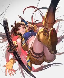 Rule 34 | 1girl, black ribbon, boots, brown hair, cross-laced footwear, fate/grand order, fate (series), fingerless gloves, gloves, highres, ishtar (fate), katana, knee boots, lace-up boots, lack, long hair, looking at viewer, red eyes, ribbon, smile, solo, space ishtar (fate), space ishtar (second ascension) (fate), sword, thighs, very long hair, weapon, white background
