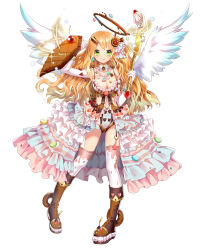 Rule 34 | 1girl, :p, angel wings, blush, boots, breasts, brown footwear, candy, chocolate, closed mouth, clothing cutout, doughnut, dress, feathered wings, food, frilled dress, frills, full body, green eyes, hair ornament, hairclip, halo, highres, holding, holding weapon, jewelry, knife, long hair, looking at viewer, medium breasts, miemia, navel cutout, necklace, open clothes, open dress, orange hair, pearl necklace, pigeon-toed, pink dress, royal flush heroes, simple background, smile, solo, standing, thighhighs, tongue, tongue out, weapon, white background, white thighhighs, wings