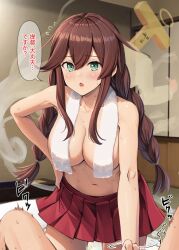 Rule 34 | 1boy, 1girl, braid, breasts, brown hair, commentary request, covered erect nipples, flying sweatdrops, futon, giving up the ghost, green eyes, hair between eyes, hand on own hip, handjob, hetero, highres, ichikawa feesu, indoors, kantai collection, large breasts, leaning forward, long hair, looking at viewer, miniskirt, motion lines, navel, noshiro (kancolle), open mouth, pleated skirt, red skirt, skirt, solo focus, speech bubble, sweat, t-head admiral, tatami, topless, towel, towel around neck, translation request, twin braids