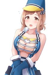 Rule 34 | 1girl, blue gloves, blue hat, blue skirt, blush, breasts, brown eyes, brown hair, collarbone, commentary request, gloves, hat, highres, idolmaster, idolmaster shiny colors, large breasts, looking at viewer, open mouth, sakuragi mano, short hair, simple background, skirt, solo, warubo, white background