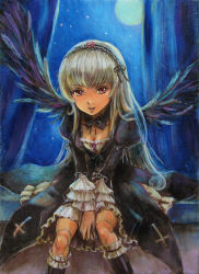 Rule 34 | 00s, 1girl, bad id, bad pixiv id, boots, breasts, cleavage, doll joints, dress, frills, hairband, joints, knee boots, medium breasts, moon, night, night sky, oil painting (medium), painting (medium), purple eyes, rozen maiden, silver hair, sky, smile, solo, suigintou, tafuto, traditional media, wings