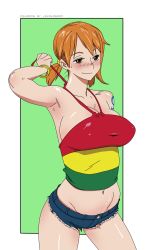 Rule 34 | 1girl, bare shoulders, blush, bobobo, bracelet, breasts, brown eyes, crop top, female focus, jewelry, large breasts, lokalagoon, nami (one piece), navel, one piece, one piece: strong world, ponytail, shiny skin, short hair, short shorts, short twintails, shorts, smile, solo, standing, stomach, tagme, tattoo, thighs, twintails, untying, white background