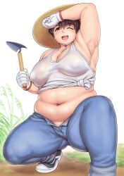 Rule 34 | 1girl, arm up, armpits, blue pants, blush, breasts, brown eyes, brown hair, character request, copyright request, covered erect nipples, foot out of frame, gloves, hair between eyes, hat, highres, holding, holding shovel, large breasts, looking at viewer, midriff, navel, one eye closed, open mouth, orizen, outdoors, pants, plump, puffy nipples, shoes, short hair, shovel, sneakers, solo, squatting, sweat, tank top, tareme, thick arms, thick thighs, thighs, trowel, white background, white gloves
