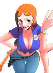 Rule 34 | black hair, breasts, cosplay, denim, extra arms, female pervert, fusion, glasses, glasses on head, hana hana no mi, highres, jeans, large breasts, long hair, mature female, nami (one piece), nami (one piece) (cosplay), nico robin, one piece, orange hair, pants, pervert, presenting, sexually suggestive, white background