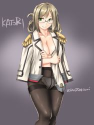Rule 34 | 1girl, black pantyhose, breasts, brown hair, character name, cleavage, cowboy shot, epaulettes, folded ponytail, glasses, green eyes, grey background, jacket, jacket on shoulders, kantai collection, katori (kancolle), large breasts, looking at viewer, no pants, open clothes, open jacket, open shirt, panties, panties under pantyhose, pantyhose, parted bangs, simple background, smile, solo, tatsumi ray, twitter username, underwear