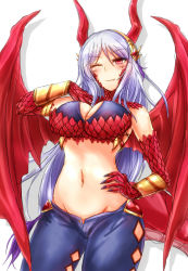 Rule 34 | 10s, 1girl, ;), argyle, argyle clothes, argyle cutout, armlet, bare shoulders, bikini, bikini top only, blue pants, blush, bracer, breasts, claws, cleavage, closed mouth, clothing cutout, cowboy shot, dragon girl, dragon horns, dragon tail, dragon wings, e-kichi, eyebrows, fang, fang out, groin, hair between eyes, hairband, hand on own chest, hand on own hip, highres, hip focus, horns, horo (monster musume), large breasts, light purple hair, light smile, long hair, looking at viewer, monster girl, monster musume no iru nichijou, monster musume no iru nichijou online, navel, one eye closed, open fly, pants, parted bangs, red eyes, red wings, scales, shadow, simple background, sketch, slit pupils, smile, solo, standing, swimsuit, tail, tassel, unbuttoned, vambraces, very long hair, white background, white hair, wings
