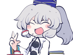 Rule 34 | 1girl, blue hat, blush stickers, chahan (fried rice0614), closed eyes, food, grey hair, hair between eyes, hat, japanese clothes, kariginu, long hair, long sleeves, mononobe no futo, one-hour drawing challenge, open mouth, plate, pom pom (clothes), simple background, smile, solo, sushi, tate eboshi, touhou, upper body, white background, wide sleeves