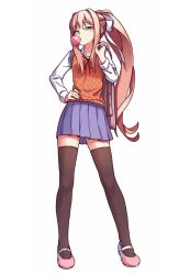 Rule 34 | 1girl, black thighhighs, blue skirt, brown hair, blowing bubbles, chewing gum, commentary, commission, doki doki literature club, english commentary, full body, green eyes, hair ribbon, hand on own hip, highres, holding, holding clothes, holding jacket, jacket, unworn jacket, legs apart, lirilias, long hair, long sleeves, looking at viewer, mary janes, monika (doki doki literature club), orange vest, pleated skirt, ponytail, ribbon, school uniform, shirt, shoes, sidelocks, simple background, skirt, solo, thighhighs, very long hair, vest, white background, white hair, white shirt, zettai ryouiki