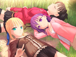 Rule 34 | 00s, 3girls, aqua eyes, artoria pendragon (all), artoria pendragon (fate), bare shoulders, black hair, blonde hair, camisole, cardigan, collarbone, closed eyes, fate/stay night, fate (series), grass, hair ribbon, hand on own stomach, highres, index finger raised, light purple hair, looking at viewer, lying, matou sakura, multiple girls, official alternate costume, one side up, outdoors, pleated skirt, purple eyes, ribbon, saber (fate), skirt, smile, thighhighs, tohsaka rin, turtleneck, uni (plastic girl), wallpaper, zettai ryouiki