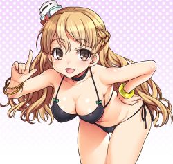 Rule 34 | 10s, 1girl, alternate costume, bad id, bad twitter id, bare shoulders, bikini, black bikini, blonde hair, braid, breasts, brown eyes, cleavage, commentary request, eyebrows, french braid, hat, inactive account, kantai collection, long hair, looking at viewer, medium breasts, mini hat, open mouth, solo, swimsuit, uousa-ou, zara (kancolle)