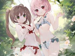 Rule 34 | 2girls, :&lt;, absurdres, amafuyu, bare arms, bare shoulders, bikini, blue bikini, blue bow, blurry, blurry background, bow, bow bikini, brown hair, closed mouth, commentary request, depth of field, flower, frilled bikini, frills, green eyes, hair between eyes, highres, long hair, multiple girls, novel illustration, official art, original, pink hair, red bow, red eyes, swimsuit, twintails, very long hair, white bikini, white flower